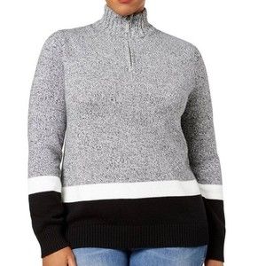 Karen Scott plus size gray striped quarter zip sweater